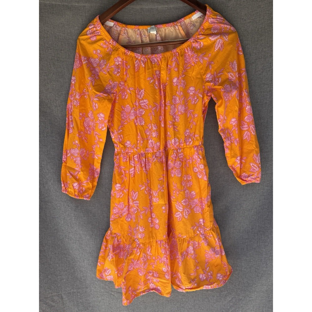 J CREW Sz 4 Orange Pink Floral Pattern ALine Sun Dress Tiered Long Sleeve